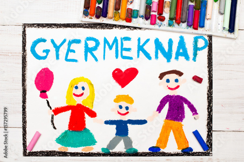 Colorful drawing. Children's day card with Hungarian words: Children's Day