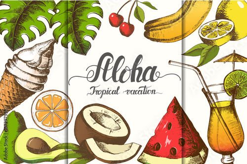 Summer background with tropical fruits, ice cream, cocktail, palm leaves and trendy hand made lettering. Hand written quote "Aloha tropical vacation'. Banner, flyer, posters, brochure. Advertising
