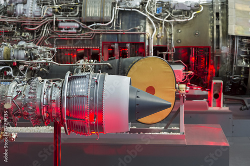 Photography Fighter jet and helicopter engines in row, internal structure with hydraulic, fu