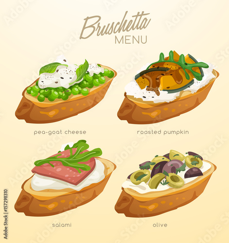Set of Bruschetta : Delicious Italian appetizer : Vector Illustration