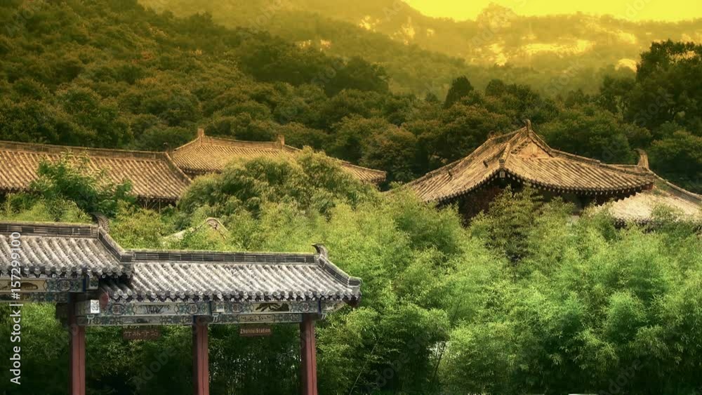 China ancient architecture in bamboo forest.