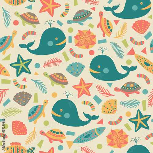 Seamless background with marine life elements. Vector illustration.
