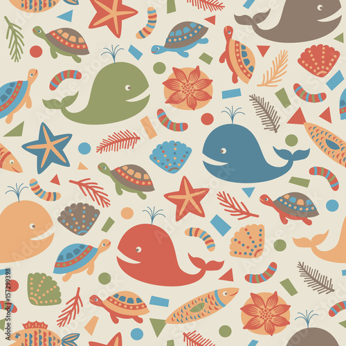 Seamless background with marine life elements. Vector illustration.
