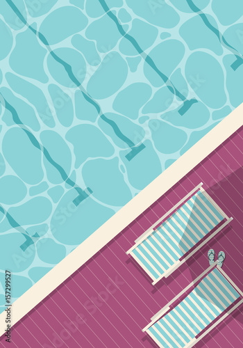 Top view of swimming pool with deckchairs and flip flops.