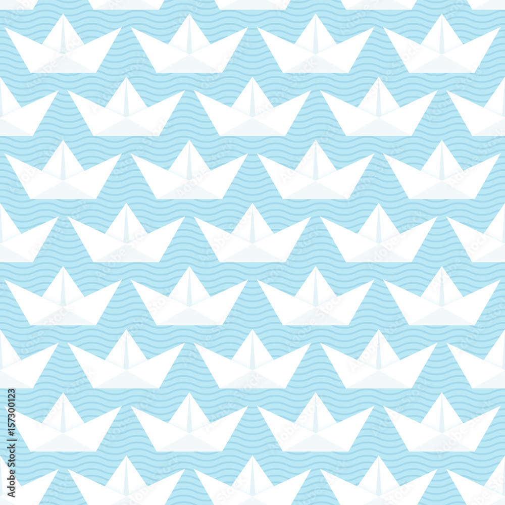 Seamless Pattern Paperboats & Waves Blue