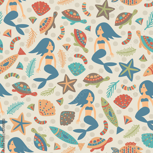 Seamless background with fish, shellfish, turtles and mermaids. Vector illustration.
