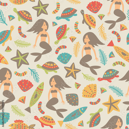 Seamless background with fish, shellfish, turtles and mermaids. Vector illustration.