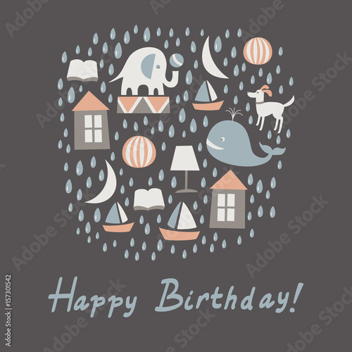 Happy birthday greeting card. Vector illustration.