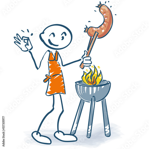 Strichmännchen mit Grill und Grillwurst