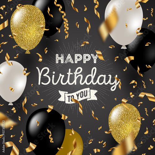Carta da parati oro - Carta da parati Happy birthday vector illustration - Golden foil confetti and black, white and glitter gold balloons.