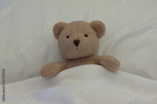 Teddy Bear sleep on the Bed has white blanket.