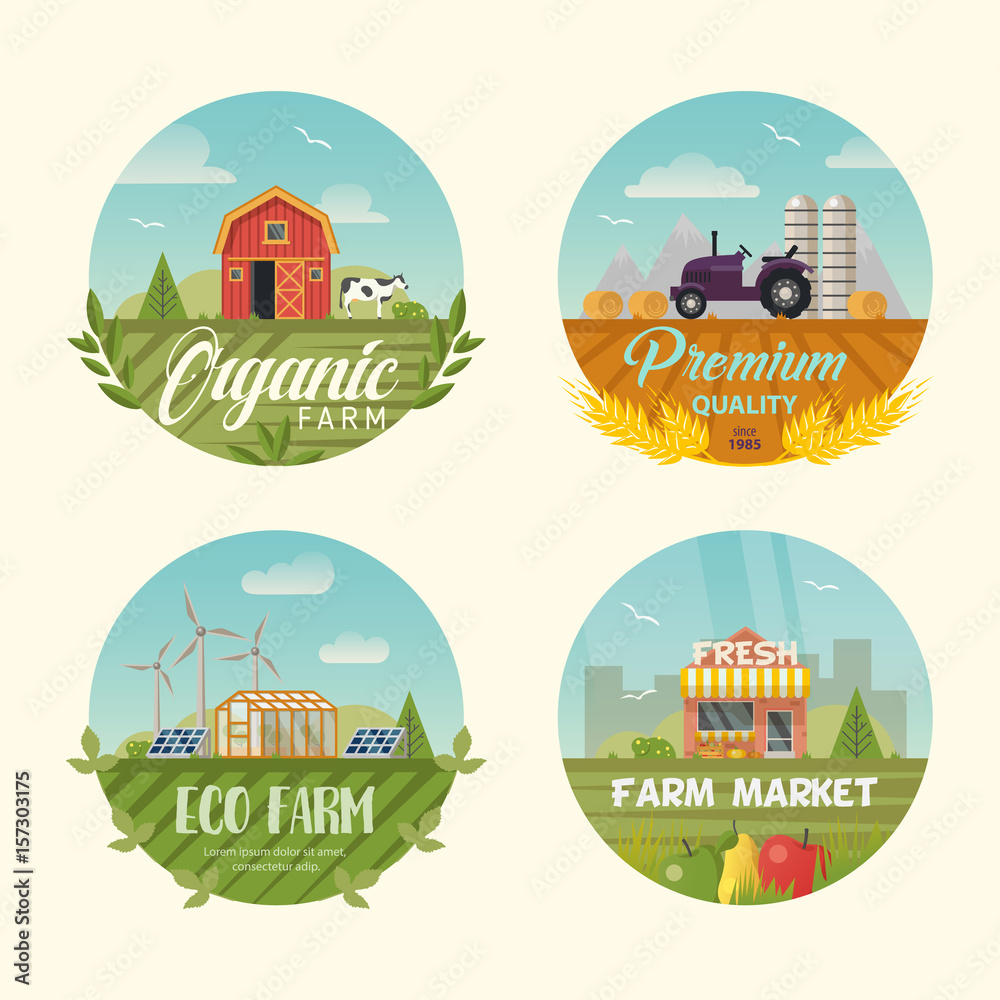Set of isolated farming logo or banners with barn