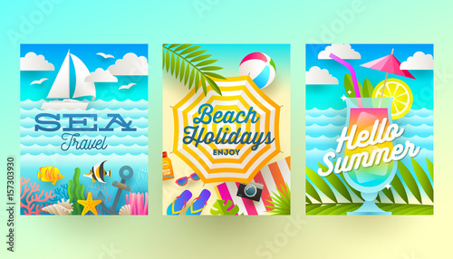 Set of summer holidays and tropical vacation  posters or greeting card. Vector flat design.