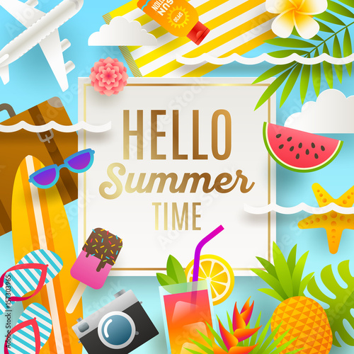 Flat design vector illustration. Summer holidays and beach vacation things and items.