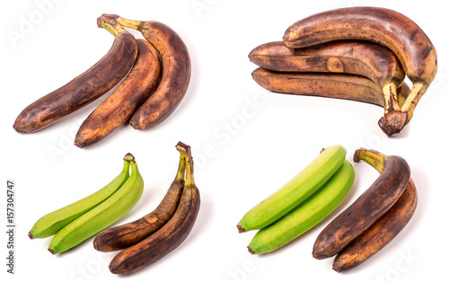 Unripe and overripe bananas isolated on white background. Set or collection