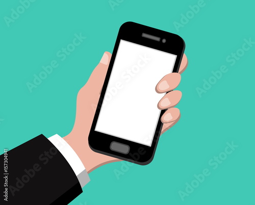 Hand holding smart phone on green background, flat design mobile vector