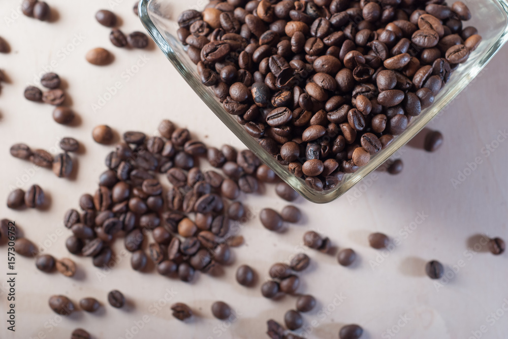 Coffee beans scattered on the table, Coffee beans scattered on the table,