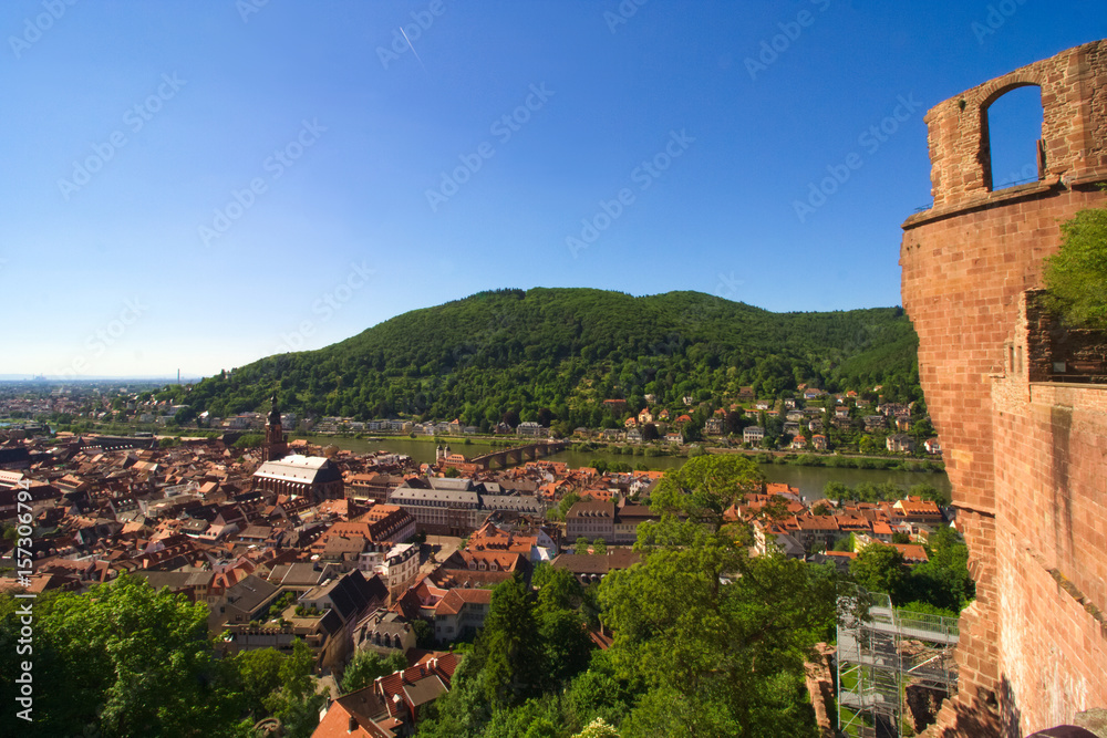 View of Heidelberg old town and the bridge across the river Neckar Germany from Schloss Castle in Summer