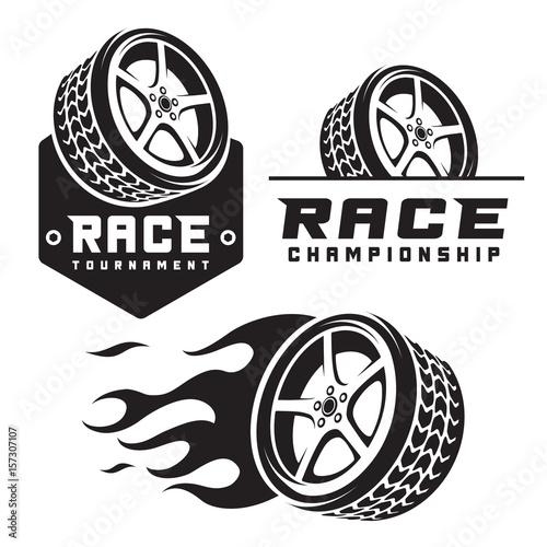 set of car wheel fire racing emblems logo template isolated on white background . photo
