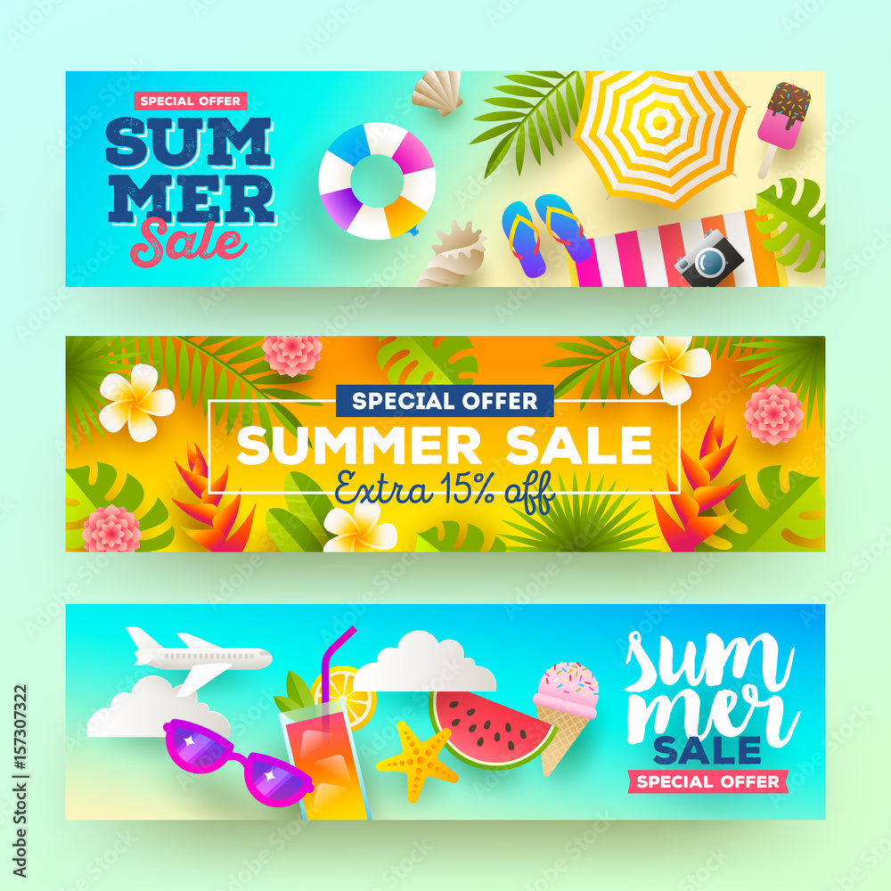 Set of summer sale banners. Vacation, holidays and travel colorful bright background. Vector illustration.