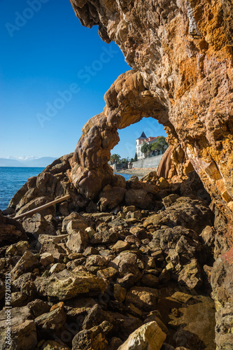 Rock formations and view to the city  Loutra Edipsou, Evia photo