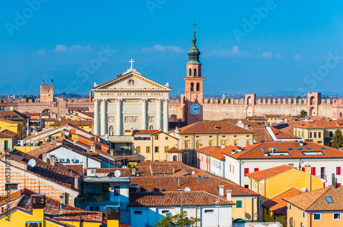 Aerial panorama of the old, medieval, walled town of Cittadella in the province of Padua (Padova), Northern Italy, cityscape of historical city center