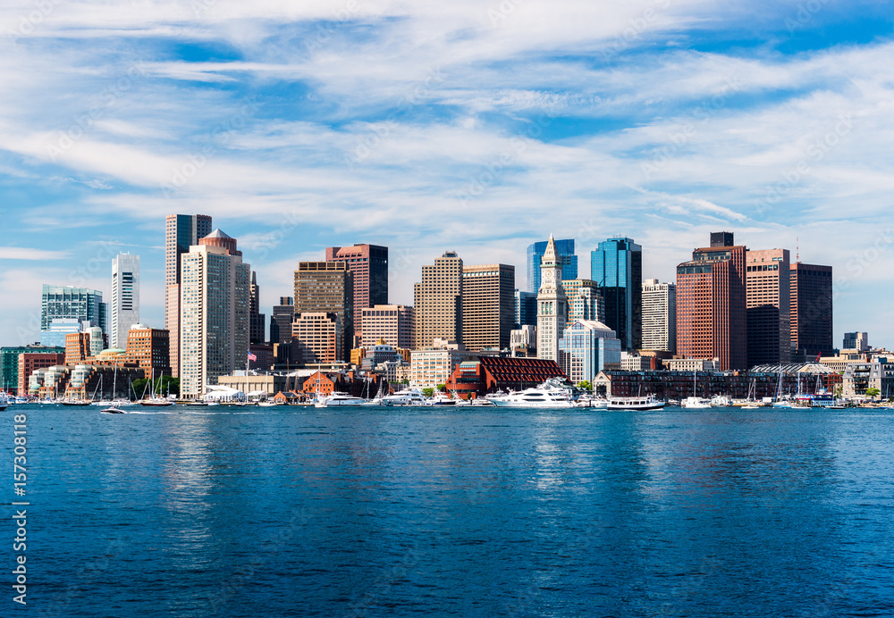 Panoramic view of Boston skyline, view from harbor, skyscrapers in downtown Boston, cityscape of the Massachusetts capital, USA