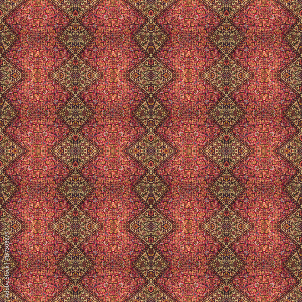 Beautiful seamless eastern carpet decoration pattern, abstract ornament of round and square or rhombus elements. The texture background of carpets. Multi colored. Useful as wallpaper