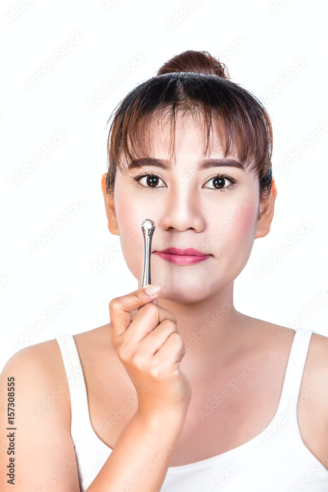 asian woman with Massage stick on white background asian woman with Massage stick on white background