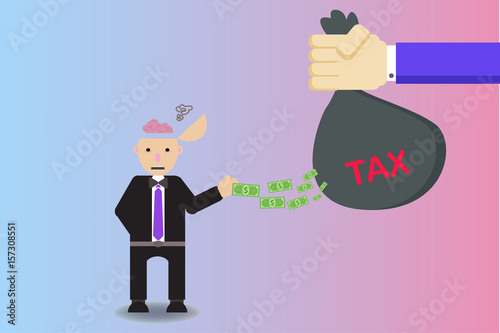 Tax Rob my money. Businessman Office worker character was robbed money by government tax.  business man in suit was robbed by blue goverment tax hand. Vector flat cartoon illustration EPS10.
