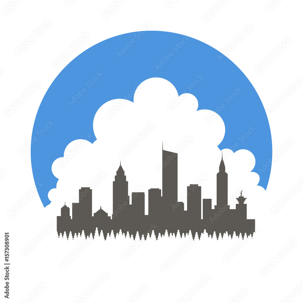Circular badge with a forest in front of a city in front of a large cloud using positive & negative space.
