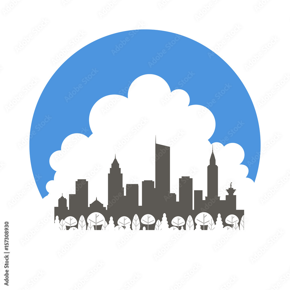 Circular badge with a mixed forest in front of a city in front of a large cloud using positive & negative space.