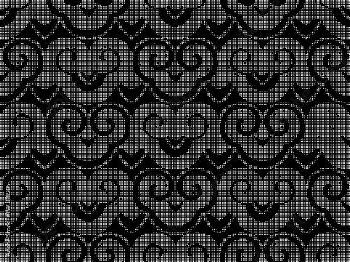 Halftone round black seamless background spiral curve cross retro Japanese pattern