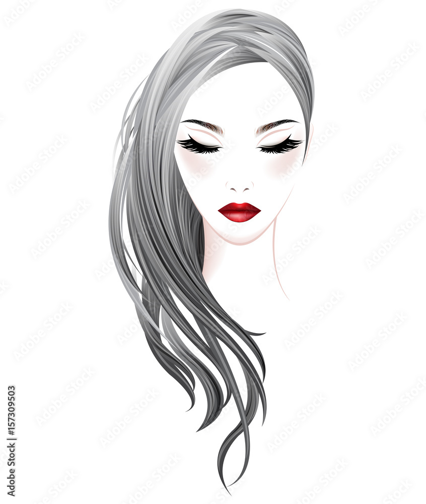 women long hair style and make up face on white background, vector