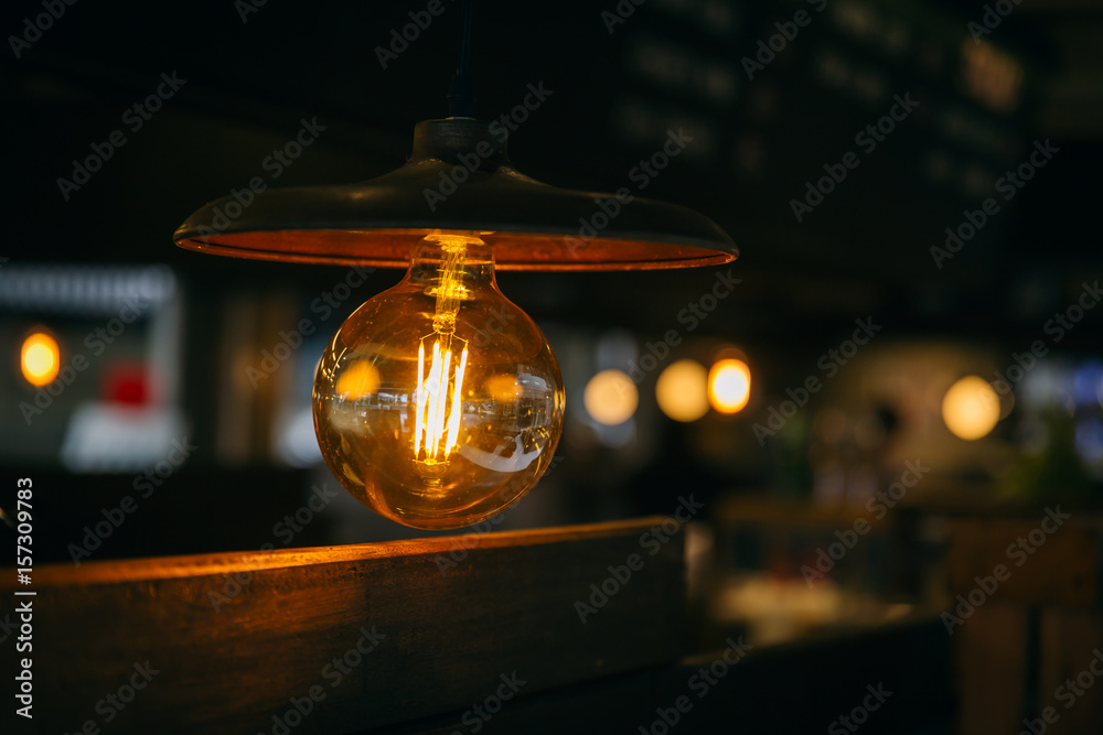 retro lighting night life, vintage light bulb cafe decoration.