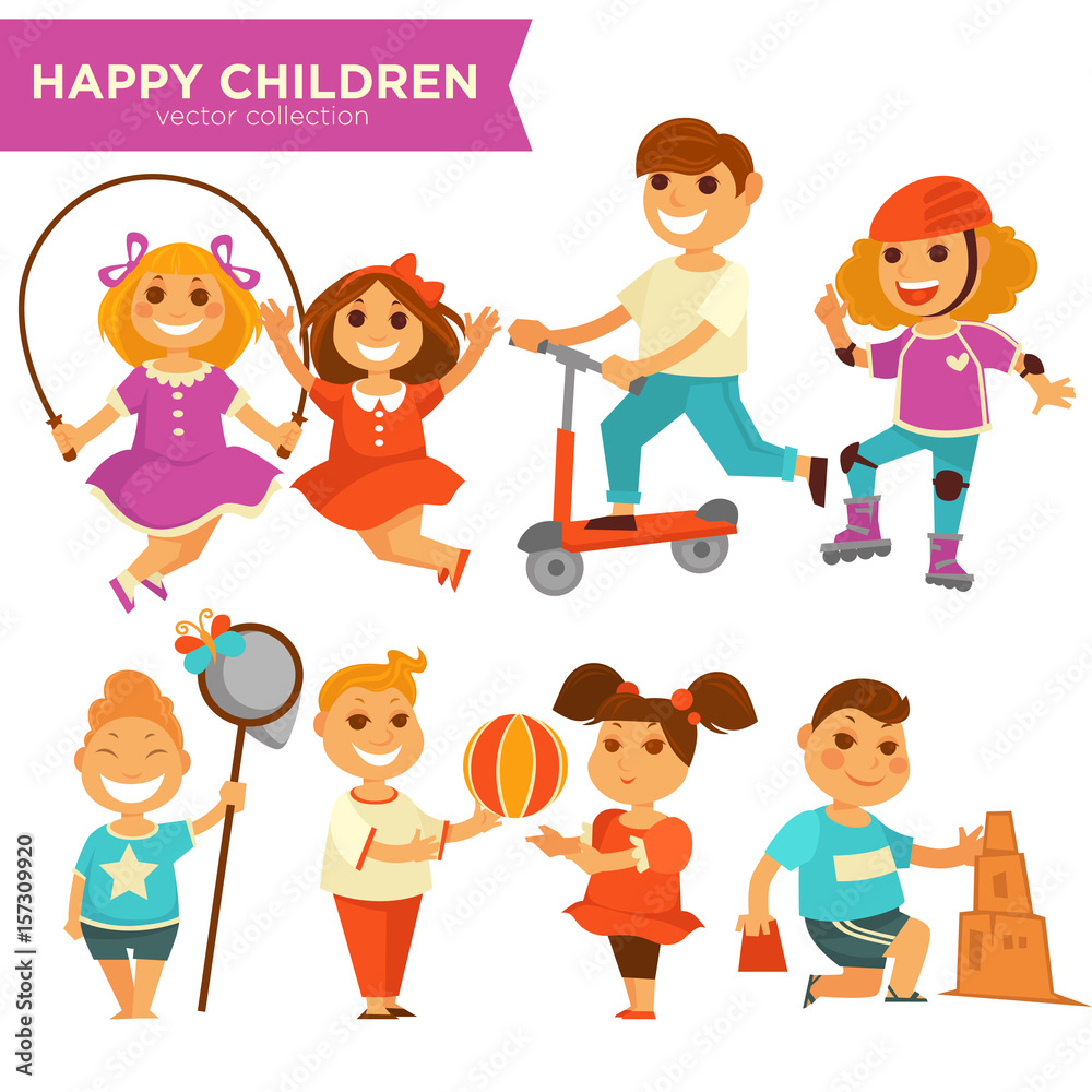 Happy children playing outdoor games vector icons set Happy children playing outdoor games vector icons set