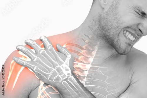 Digital composite of highlighted shoulder pain of man photo