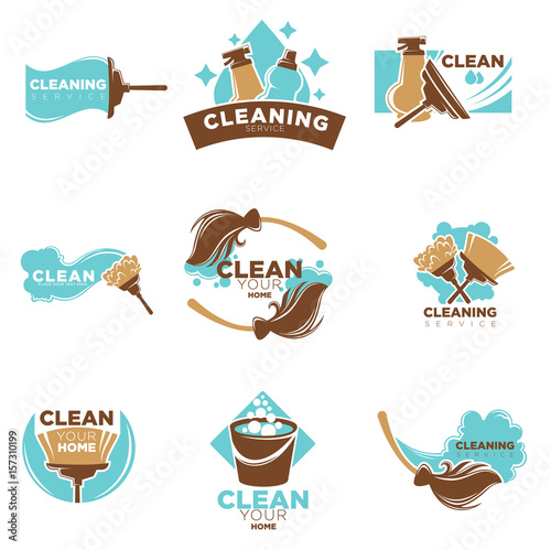 Home cleaning service of washing or mopping vector icons templates set
