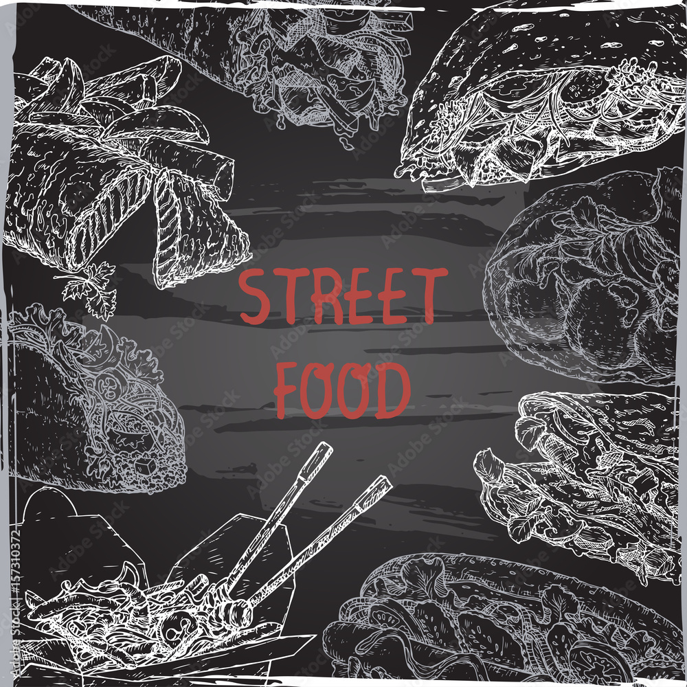 Street food template with sketches of traditional dishes on blackboard
