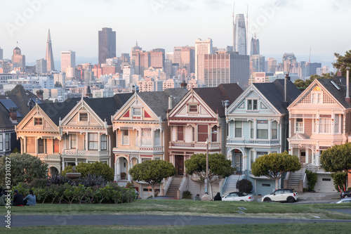 Sunset at Alamo Square Park (The Painted Ladies). San Francisco, California, USA.