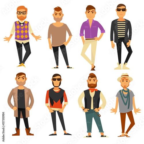 Men in different casual fashion clothes styles vector flat isolated icons set