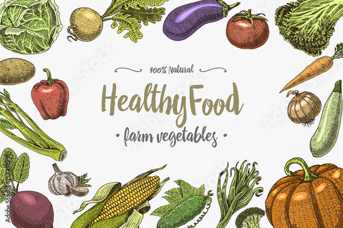 Fresh vegetables background with space for text, hand drawn or engraved, vintage, retro looking plants, vegetarian and healthy food