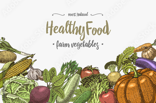Fresh vegetables background with space for text, hand drawn or engraved, vintage, retro looking plants, vegetarian and healthy food