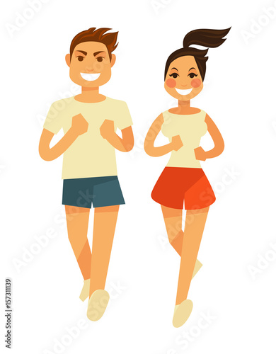 Man and woman jogging or sport running vector fitness training icons