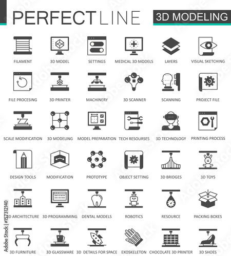 Black classic 3d modeling and printing web icons set.