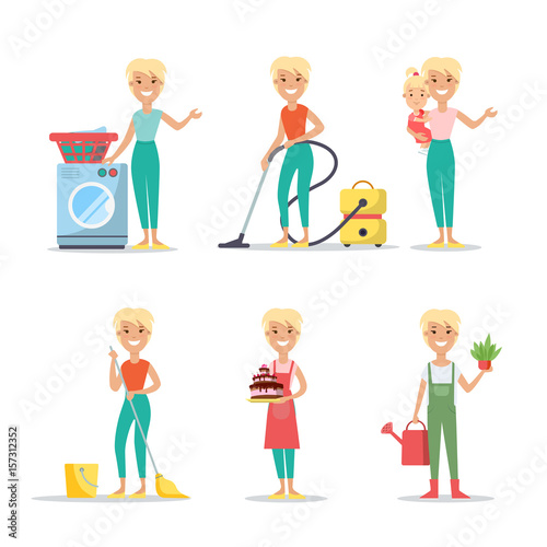 Flat woman wash clean cook babysitting vector. Household chores