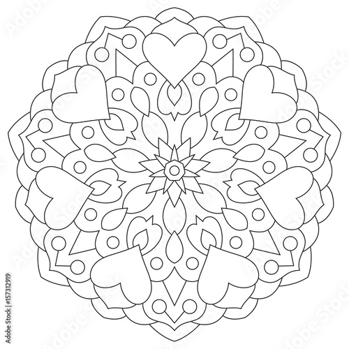 Flower mandala with hearts. Coloring page for Valentine's day.