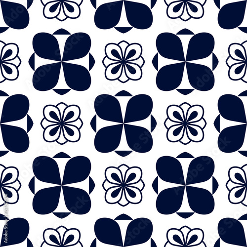 Seamless pattern with geometric blue ornament on white