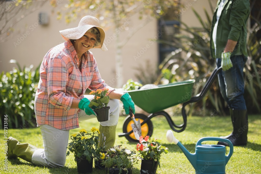 Fotografie Portrait of smiling senior woman holding plant