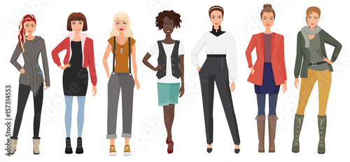 Beautiful young woman in fashion clothes set. Cartoon girls lady characters. Vector illustration.
